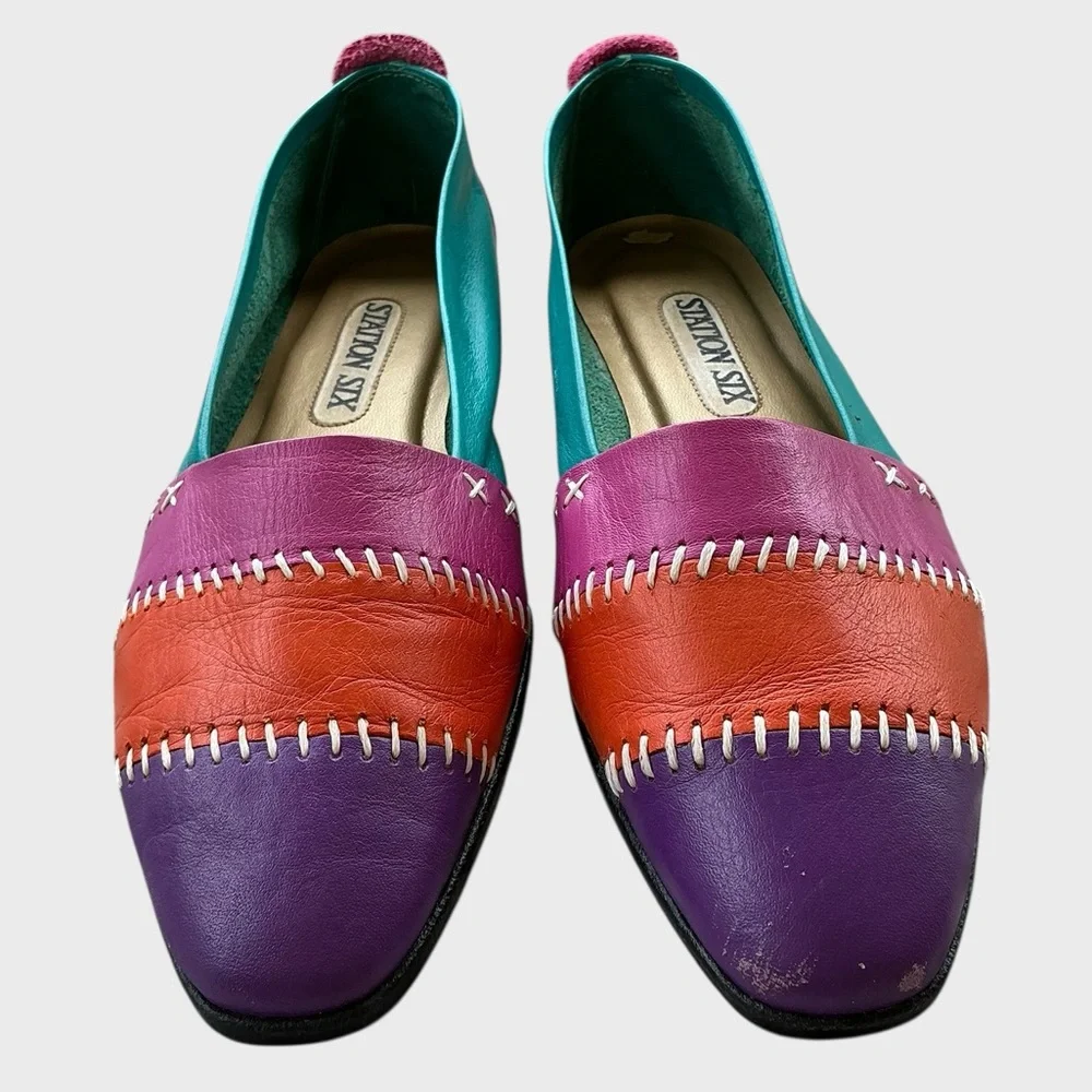 Vintage 90s Colorblock Leather Loafers Size 7.5 Bold Retro Statement